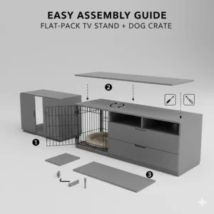 Diagram showing the easy assembly components of a flat-pack TV stand with an integrated dog crate.