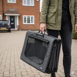 A foldable soft pet carrier being carried by its handle, showing its portable design for travel.