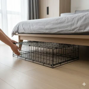 A wire dog crate shown in a compact, foldable design for easy storage in a cupboard or hallway.