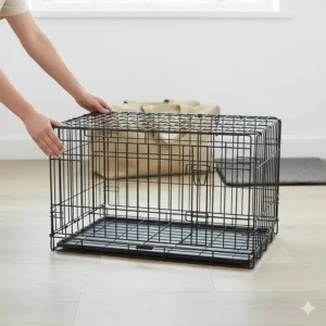 A black metal dog crate for car boot being folded flat for easy storage in a home setting.