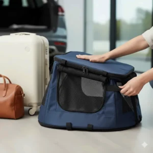 A lightweight navy blue soft dog crate being folded flat for easy storage next to suitcases and a car.
