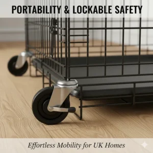 Detail shot of lockable heavy-duty castors on the base of a giant dog crate for XXL breeds.