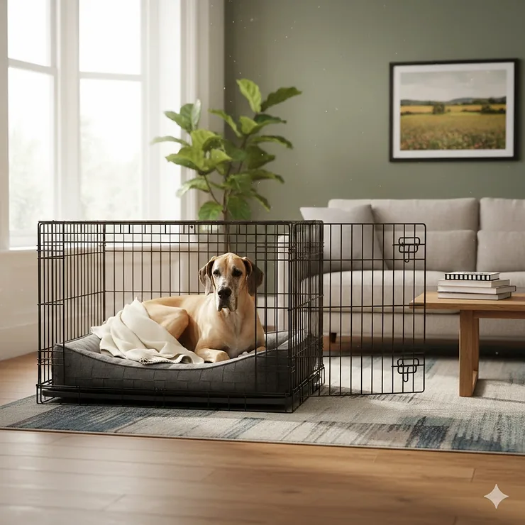 A calm Great Dane sitting comfortably inside a heavy-duty giant dog crate for XXL breeds in a modern British living room. giant dog crate XXL breeds