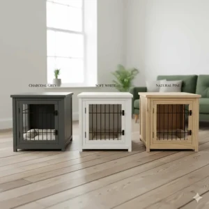 Multiple colour options for dog crate furniture including charcoal grey, soft white, and natural pine finishes.