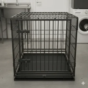 A robust, heavy-duty steel dog crate with reinforced latches for large breeds or dogs prone to chewing.