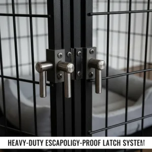 Close-up of reinforced steel sliding bolts on a giant dog crate designed for powerful XXL breeds.