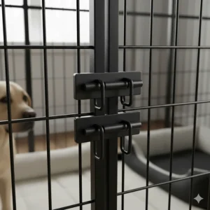 Close-up of secure double-latches on a sturdy metal dog crate suitable for a strong Labrador.