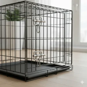 A sturdy black metal wire dog crate featuring a secure double-lock bolt system and a removable plastic base tray.