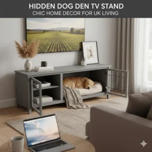 Illustration of a hidden dog den styled as a chic TV stand with home decor items on top, blending seamlessly into a UK home.