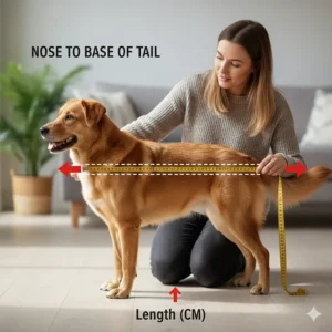 A woman measuring a standing dog from the tip of its nose to the base of its tail in centimetres to determine the correct crate length.
