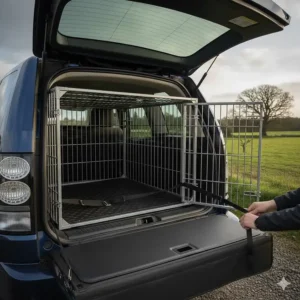 Demonstration of using heavy-duty straps to secure a dog crate for car boot to the vehicle's anchor points.