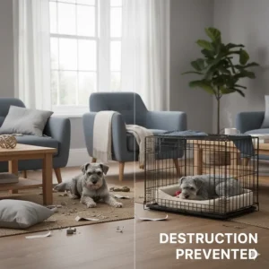 An indestructible-style metal dog crate designed to prevent destructive chewing and provide a safe retreat for anxious dogs.