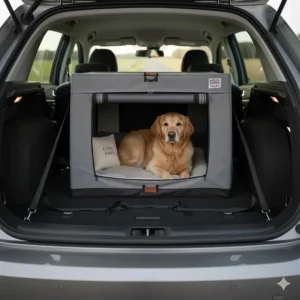 A medium-sized indoor soft crate secured in the boot of a hatchback car for safe pet transport.