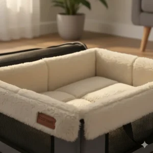 The interior of an indoor soft crate featuring a thick, removable fleece liner for extra pet comfort.