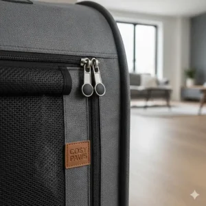 A close-up of the rounded safety zips on the front door of a charcoal-coloured indoor soft crate.