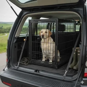 A heavy-duty large dog crate fitted into the boot of a British SUV for safe Labrador transport.