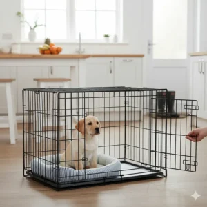 A large wire dog crate with a divider panel being used for a Labrador puppy’s house training.