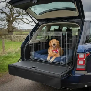 A large Golden Retriever wearing a Union Jack bandana sitting in a dog crate for car boot.