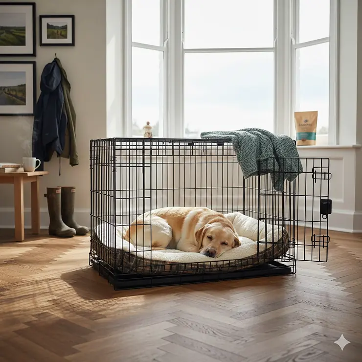 A yellow adult Labrador sitting comfortably inside a large black metal dog crate in a modern British living room. large dog crate for Labrador