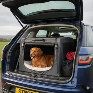 A large soft dog crate positioned in the back of a British estate car, ready for a road trip.