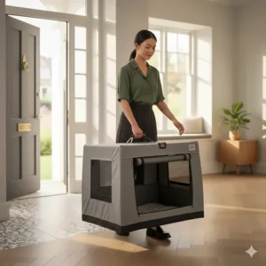 A lightweight indoor soft crate being carried by its handle, demonstrating its portable design for travel.