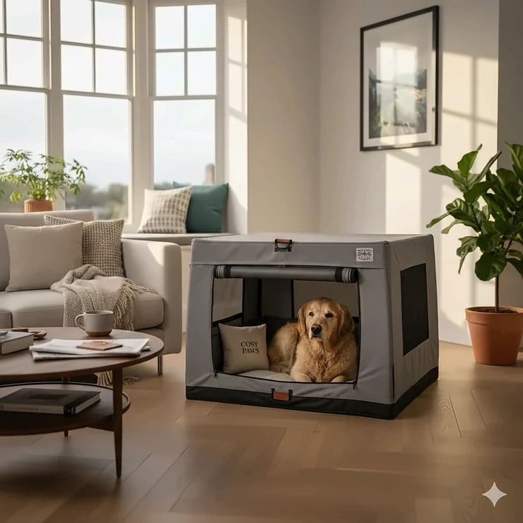 A grey fabric indoor soft crate for dogs placed neatly in a modern British living room next to a sofa. indoor soft crates