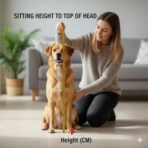 A guide showing how to measure a dog's sitting height from the floor to the top of its head for appropriate crate head room.