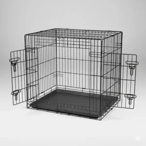 A classic black metal wire dog cage featuring two doors and a sliding removable plastic tray for easy cleaning.