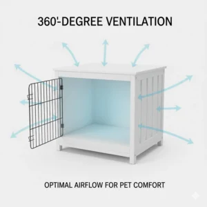 Illustration highlighting the 360-degree ventilation slats on a modern white pet furniture piece.