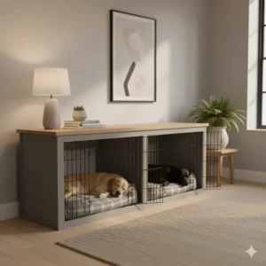 A large grey double dog crate furniture unit styled with a lamp and books to match contemporary British interior design.