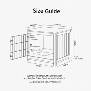 Technical drawing showing dimensions of a modern white dog crate suitable for medium-sized breeds.