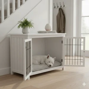 A modern white dog kennel designed to function as a bedside table or hallway console.