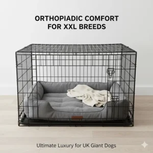An XXL memory foam orthopaedic dog bed placed inside a giant dog crate for the comfort of large breed dogs.