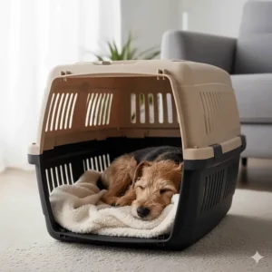 A Dachshund sleeping inside a plastic dog carrier, illustrating the cosy, enclosed den-like environment.