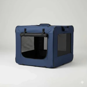 A lightweight, foldable navy blue fabric dog crate with mesh ventilation windows, ideal for UK car travel or camping.