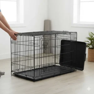 A black metal dog crate for a Labrador shown folded flat for easy storage and portability.