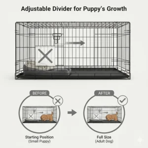 Close-up illustration showing how the wire divider moves to increase floor space as the puppy grows.