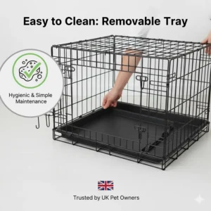 Illustration of the slide-out plastic base tray being removed from the bottom of the small crate for easy cleaning.