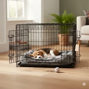A small breed puppy sleeping comfortably in a budget-friendly starter crate with a soft blanket.