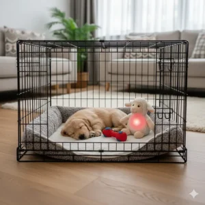 A small puppy crate containing a vet bed, a chew toy, and a heartbeat sheep toy to help a new puppy settle.