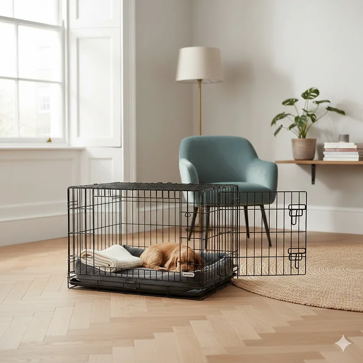 A small metal puppy crate with an adjustable wire divider featuring a comfortable fleece bed inside a modern British living room. puppy crate with divider small