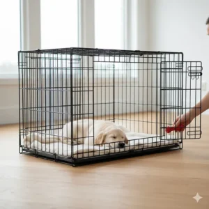 A young Golden Retriever puppy sleeping comfortably inside a wire dog crate on a soft cream fleece liner.