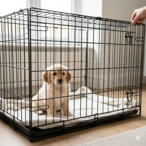 A wire dog crate with an internal divider panel being used for puppy crate training in a UK home.
