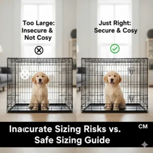A comparison guide showing the risks of an oversized crate versus a correctly sized, secure, and cosy dog crate for a puppy.