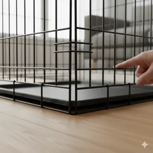 Detail shot of the rounded corner joints on a dog crate to prevent injury to pets or flooring.