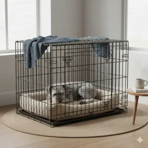 Close-up of a secure, heavy-duty dog crate with reinforced latches to ensure safety for pets with severe separation anxiety.