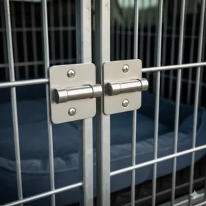 Close-up of secure twin-locking metal door latches on a dog crate for car boot.