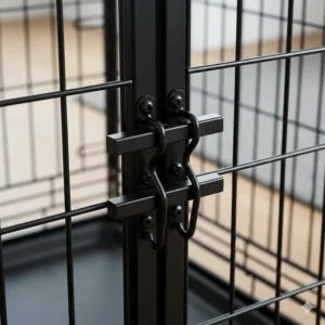 A close-up view of a secure double-latch locking mechanism on a professional metal dog crate.