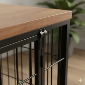 Detail shot of the secure double-bolt latch mechanism on the dog crate end table door.