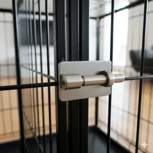 Close-up of a heavy-duty bolt latch on an affordable metal dog crate for added security.